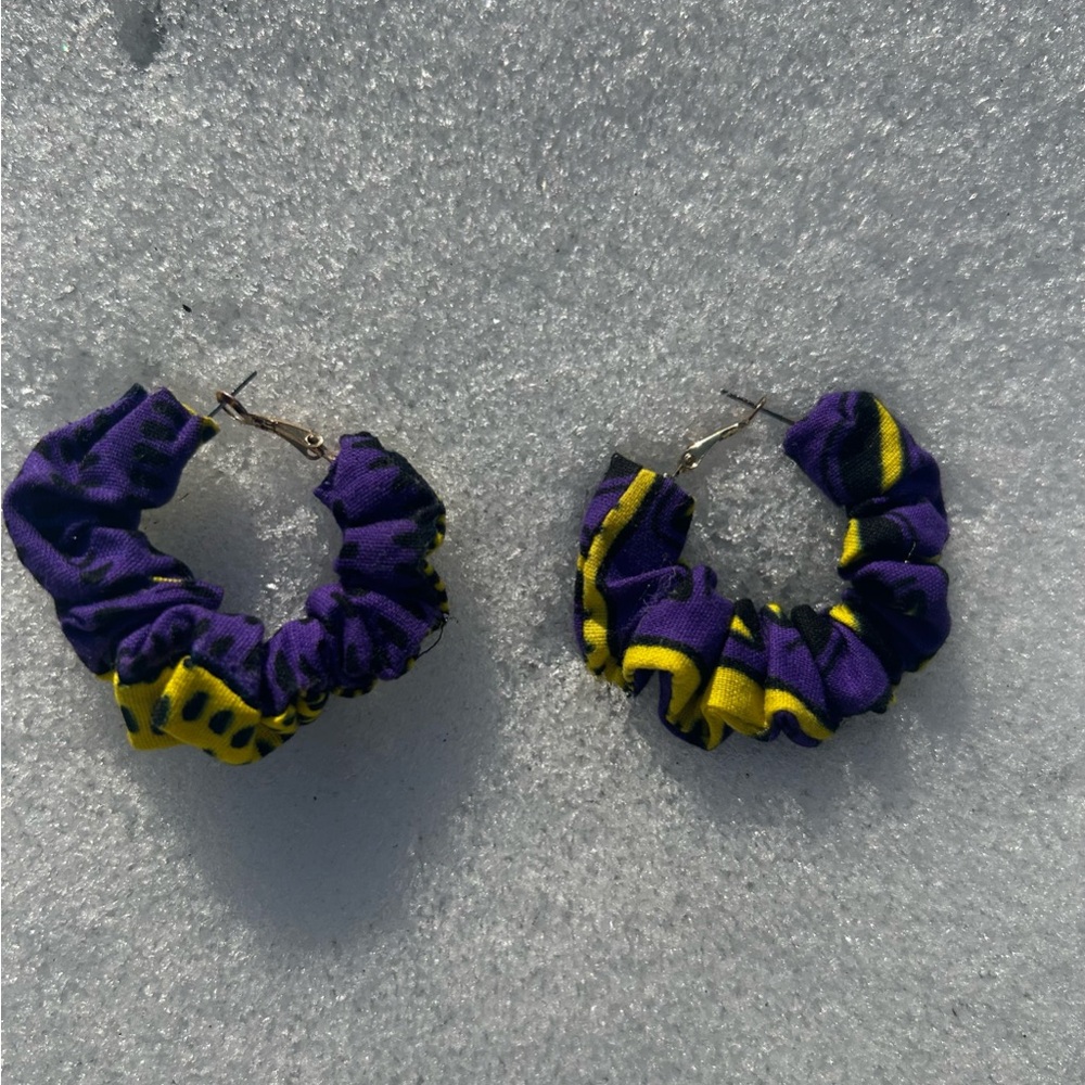 Handmade Purple and Yellow African fabric Hoop Earrings